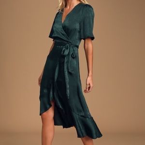 Lulus Wrapped Up In Love Dark Green Satin Faux-wrap Midi Dress - Size S